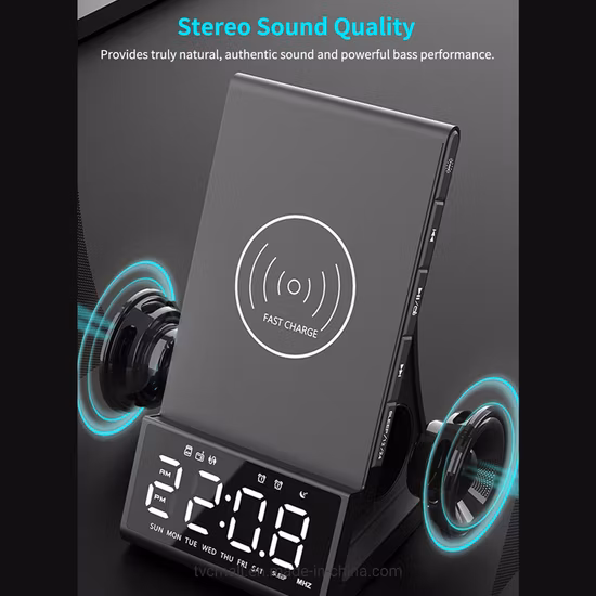 Digital Alarm Clock Radio Bluetooth Speaker with Night Light, 15W Wireless Charger, Dual Wireless Speaker, Adjustable Loud Alarm Sound, Dimmable LED Display