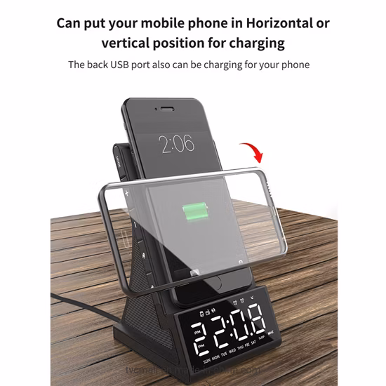Digital Alarm Clock Radio Bluetooth Speaker with Night Light, 15W Wireless Charger, Dual Wireless Speaker, Adjustable Loud Alarm Sound, Dimmable LED Display