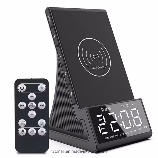 Digital Alarm Clock Radio Bluetooth Speaker with Night Light, 15W Wireless Charger, Dual Wireless Speaker, Adjustable Loud Alarm Sound, Dimmable LED Display