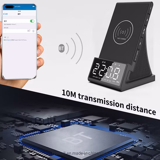 디지털 알람 시계 라디오, 야간 조명 기능이 있는 Bluetooth 스피커, 15W 무선 ​​충전기, 듀얼 무선 스피커, 조정 가능한 큰 알람 소리, 밝기 조절이 가능한 LED 디스플레이
